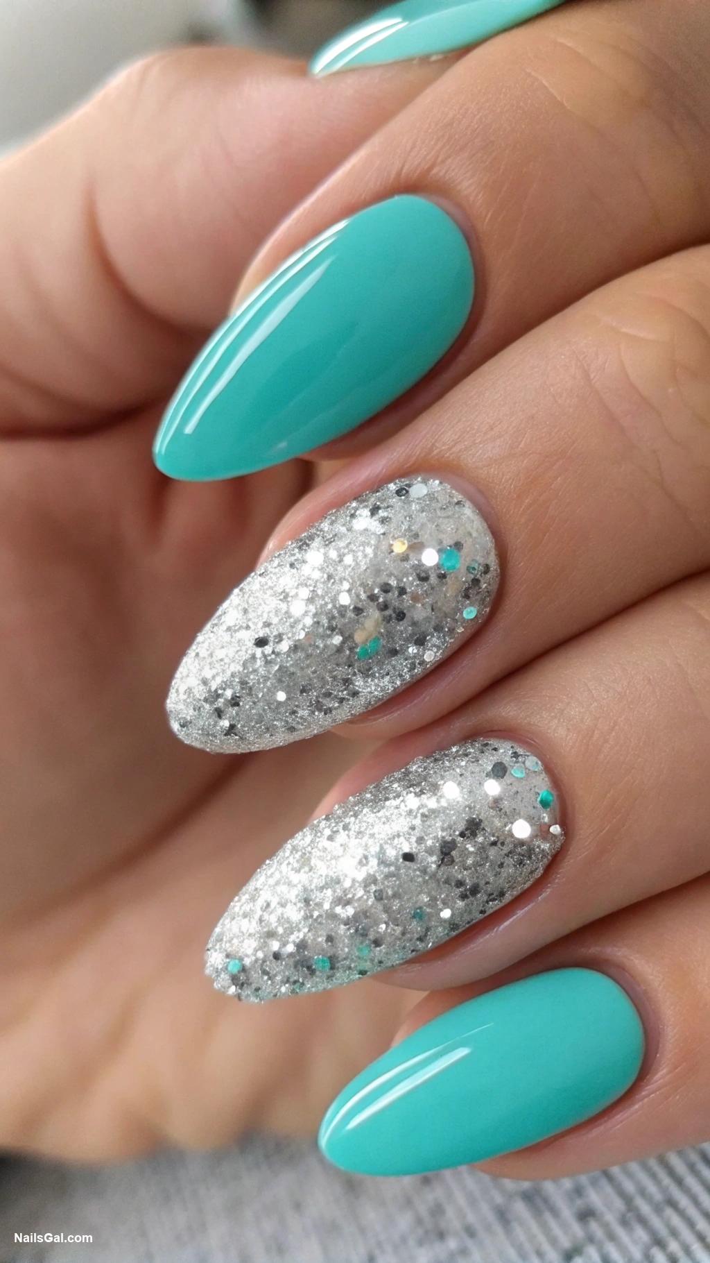bright nail colors Turquoise with silver shimmer top coat