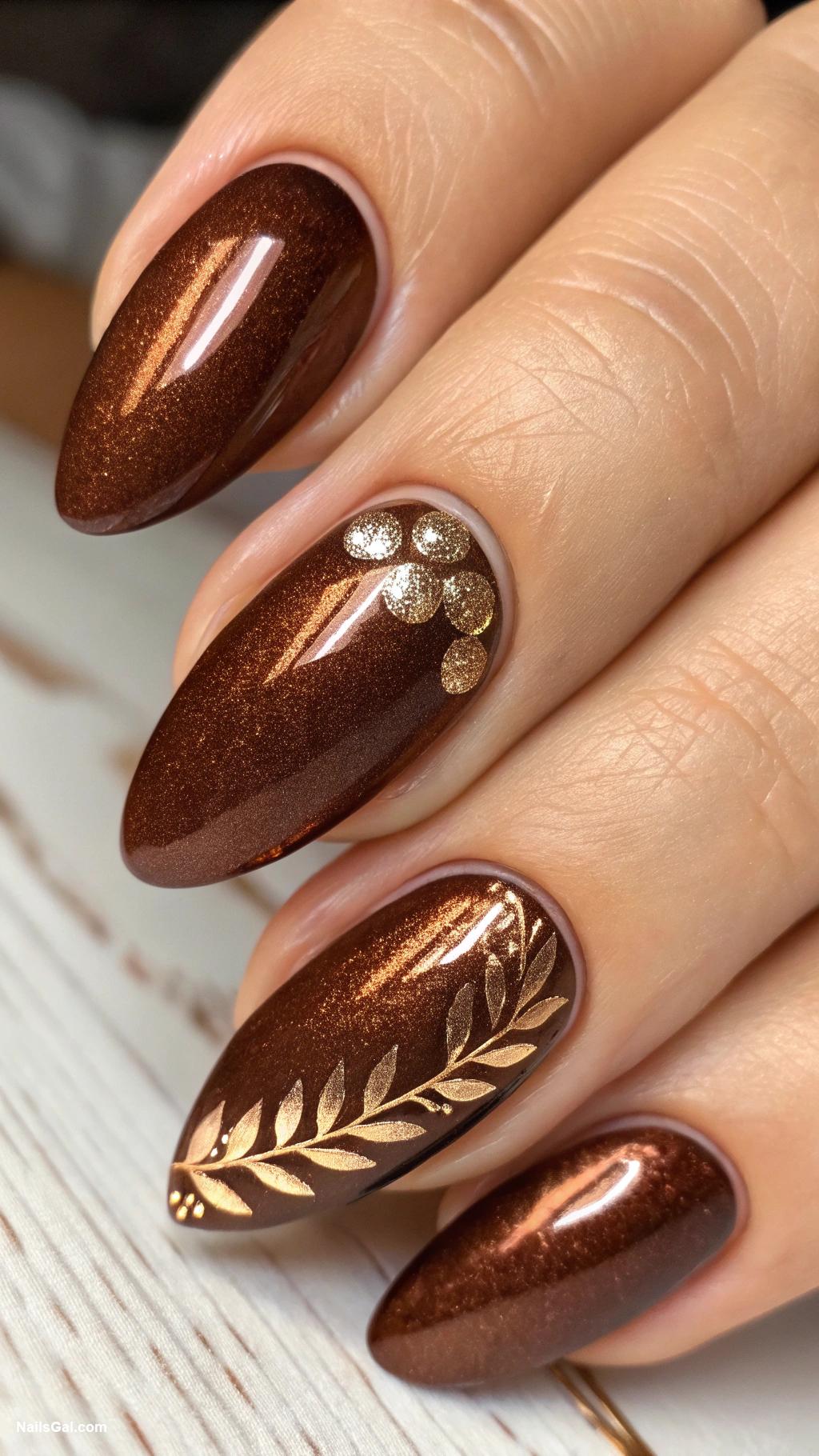 brown nails Bronze shimmer over dark brown base