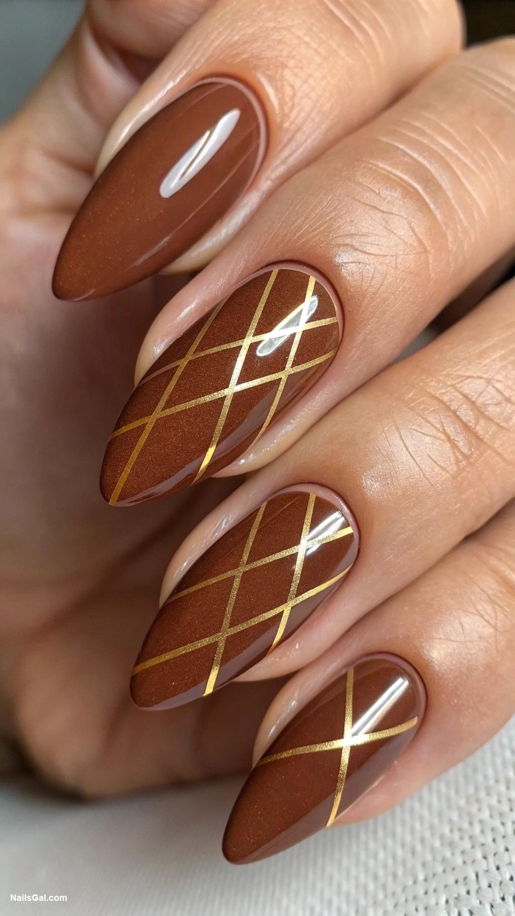 brown nails Geometric gold stripes on brown nails