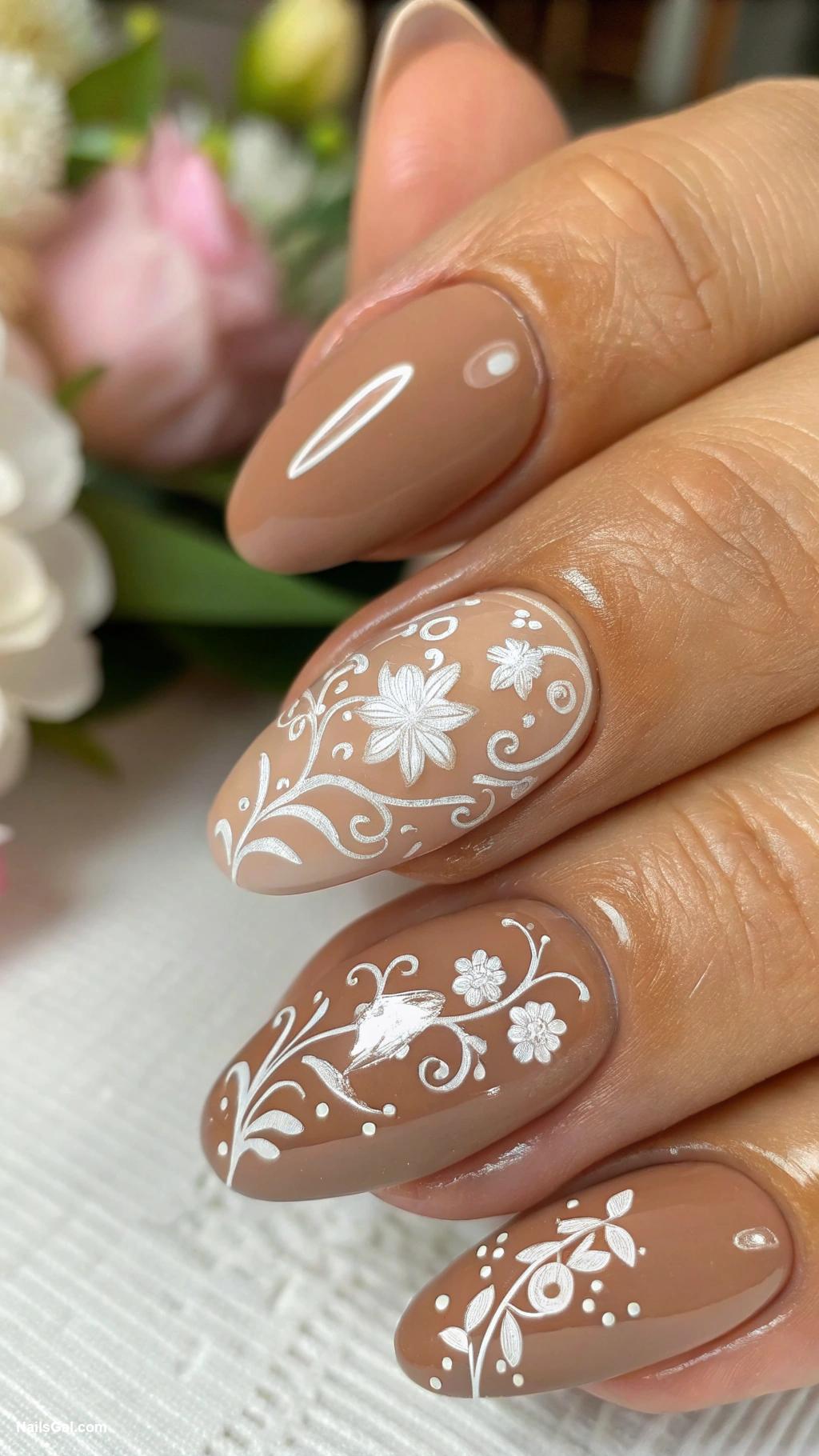 brown nails Light brown with white floral accents