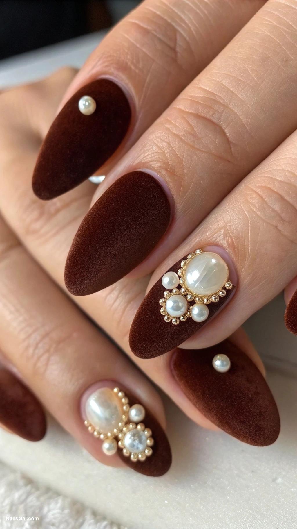 brown nails Velvet brown with pearl embellishments