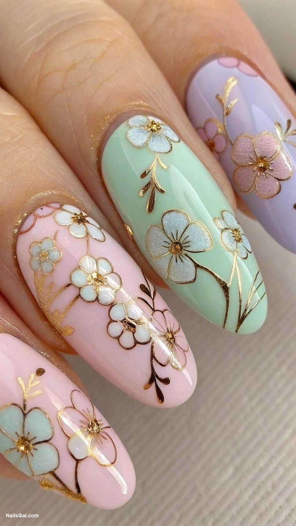 classy nails Floral designs on neutral background