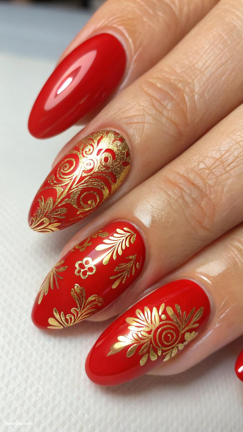 classy red nails Bright red with gold foil designs