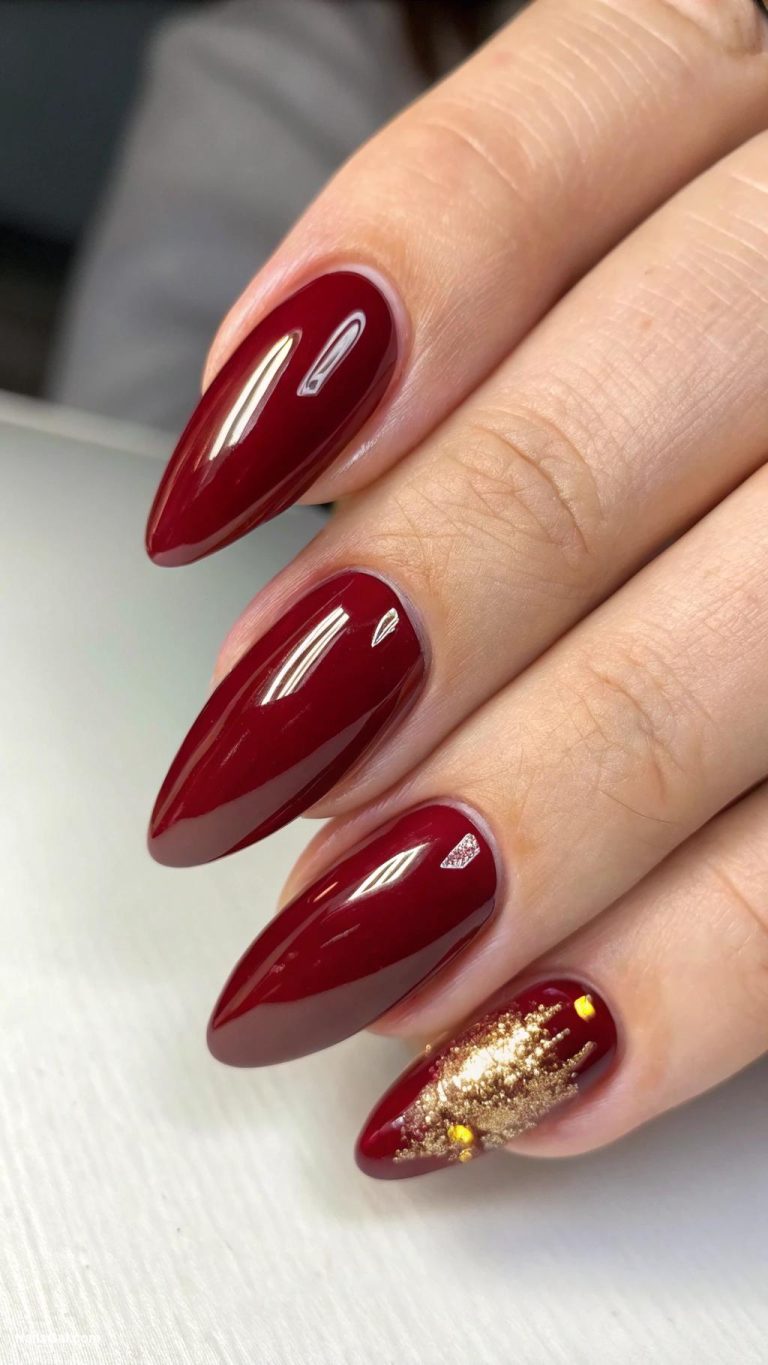 classy red nails Crimson red with a glossy finish