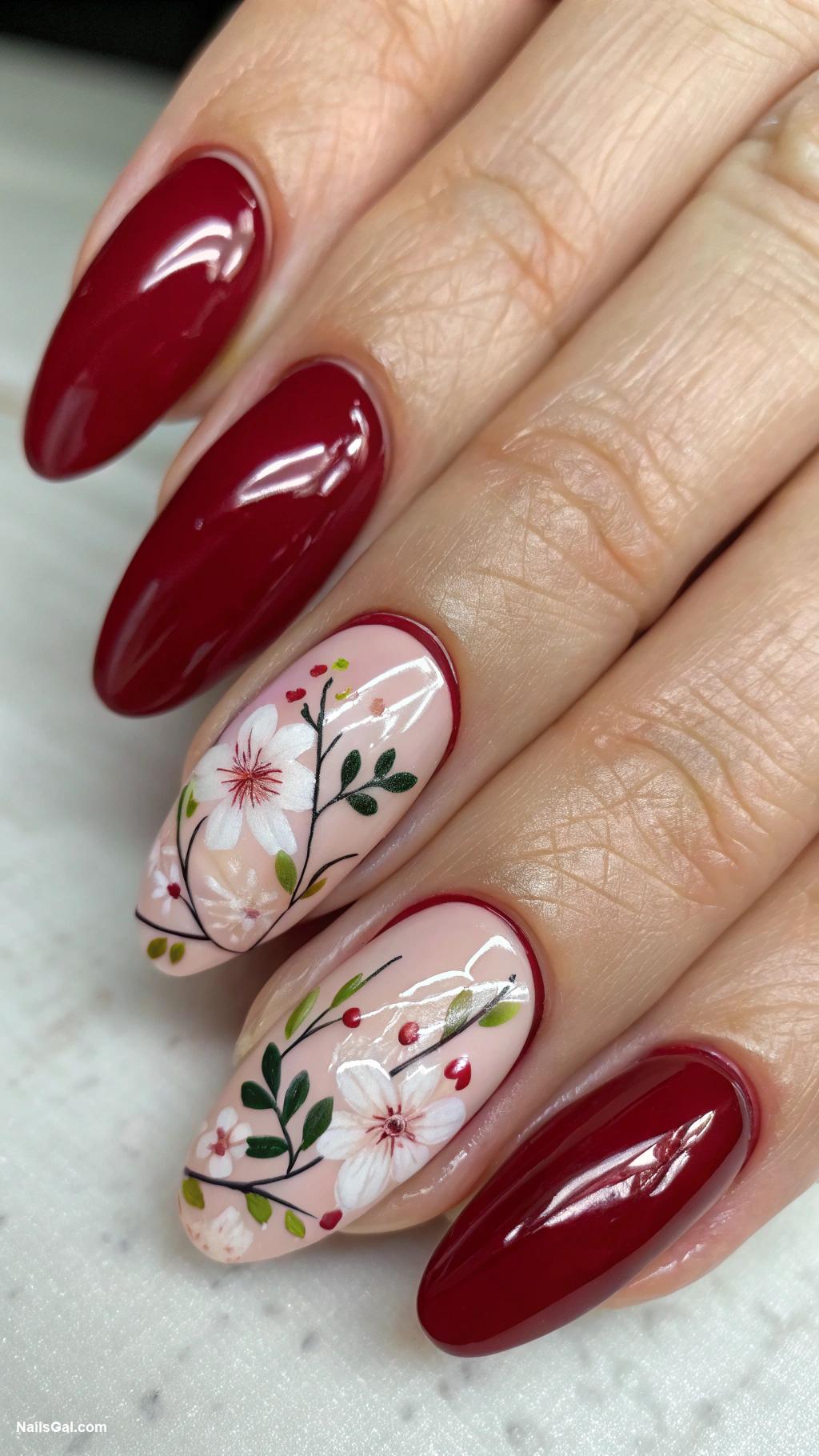 classy red nails Deep red with delicate floral nail art