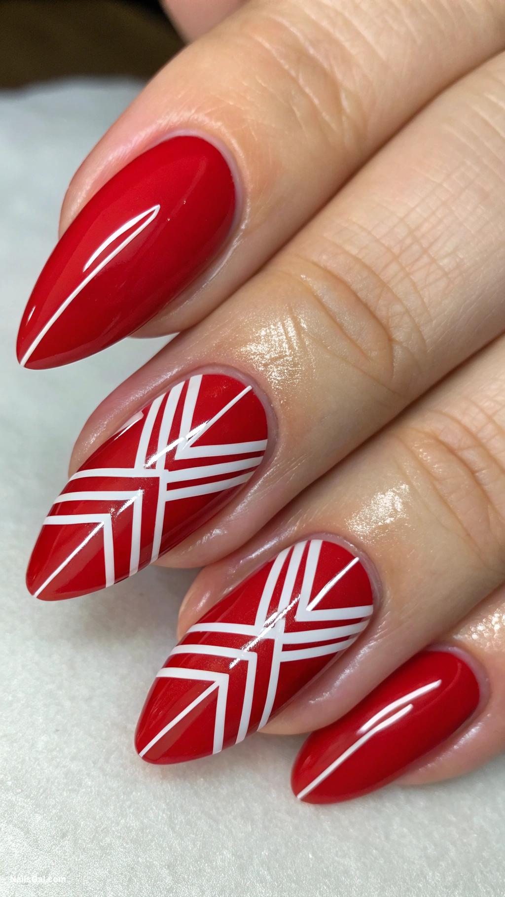 classy red nails Red nails with white geometric stripes