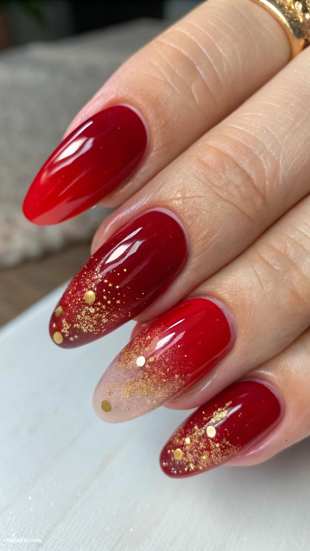 classy red nails Red ombre with gold glitter accents