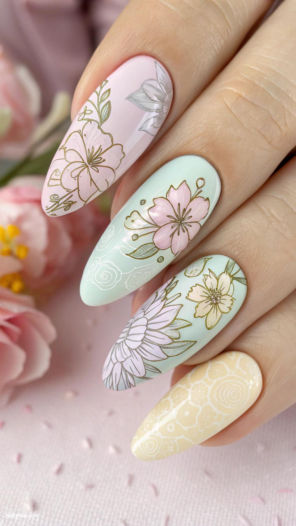 engagement nails Floral patterns with pastel colors