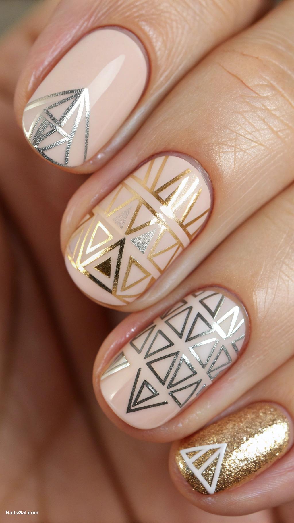 engagement nails Geometric shapes with metallic accents