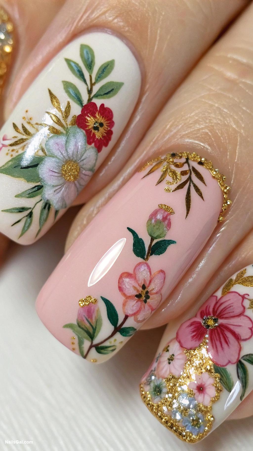 glitter nails Floral designs embellished with gold glitter