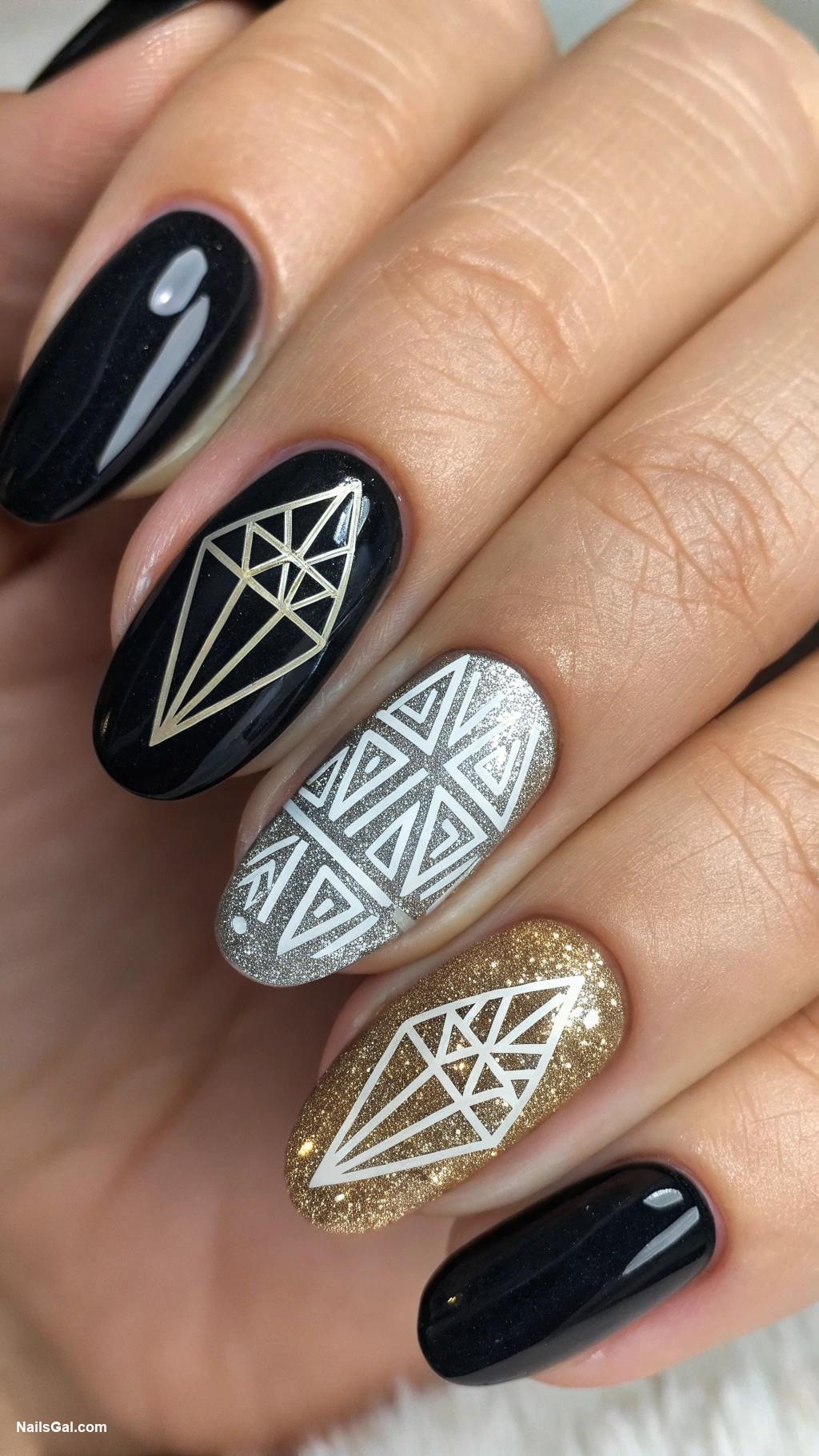 glitter nails Geometric glitter patterns on black polish