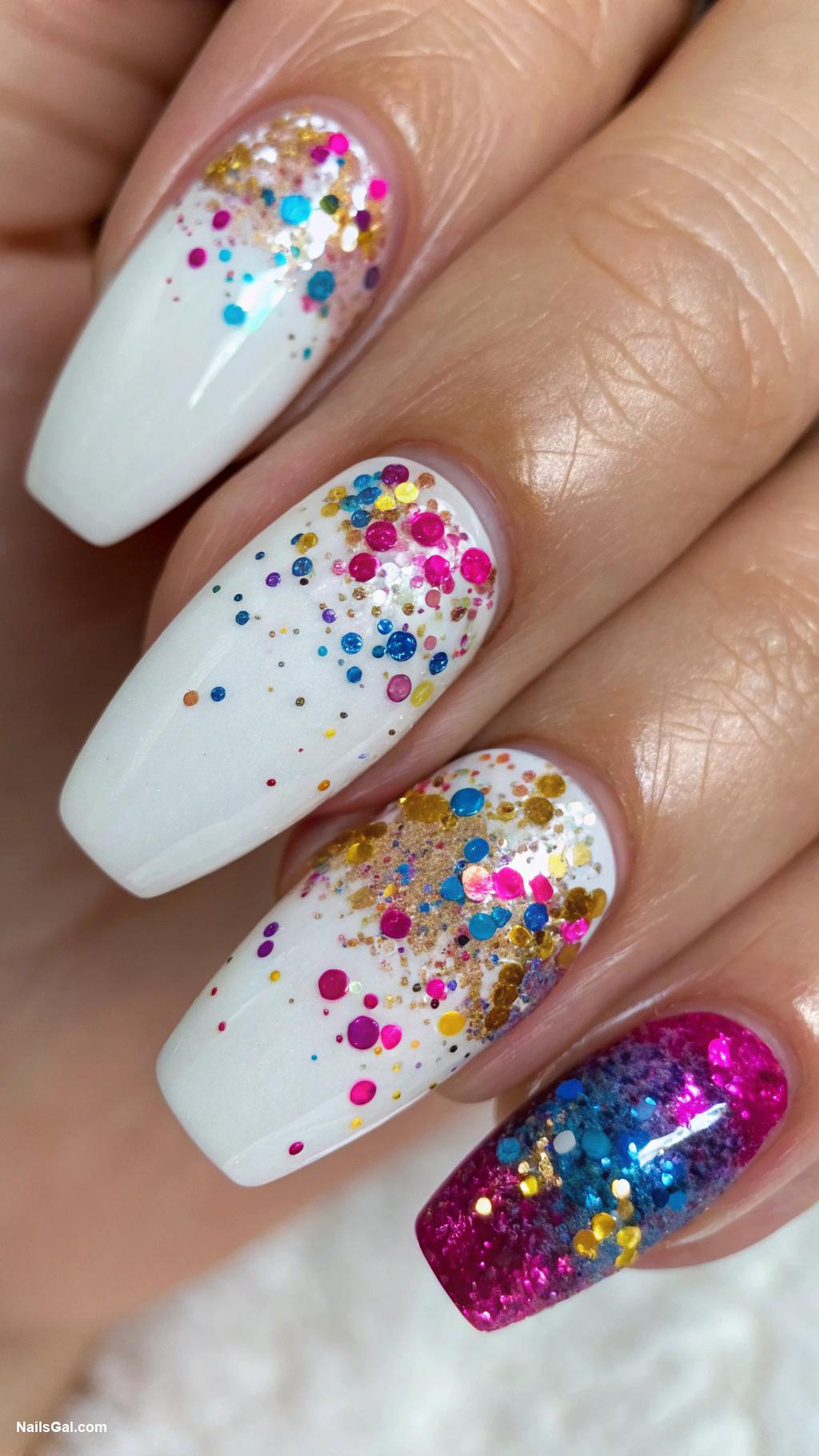 glitter nails Multicolored glitter explosion on white base