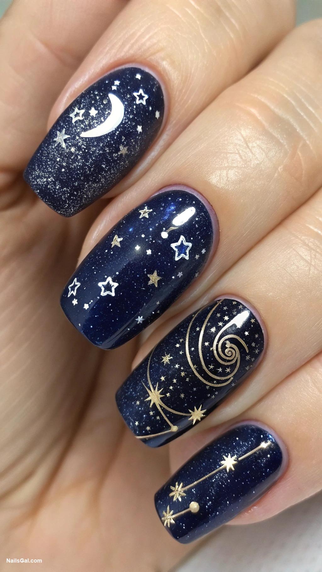glitter nails Sparkling galaxy nails using dark blues