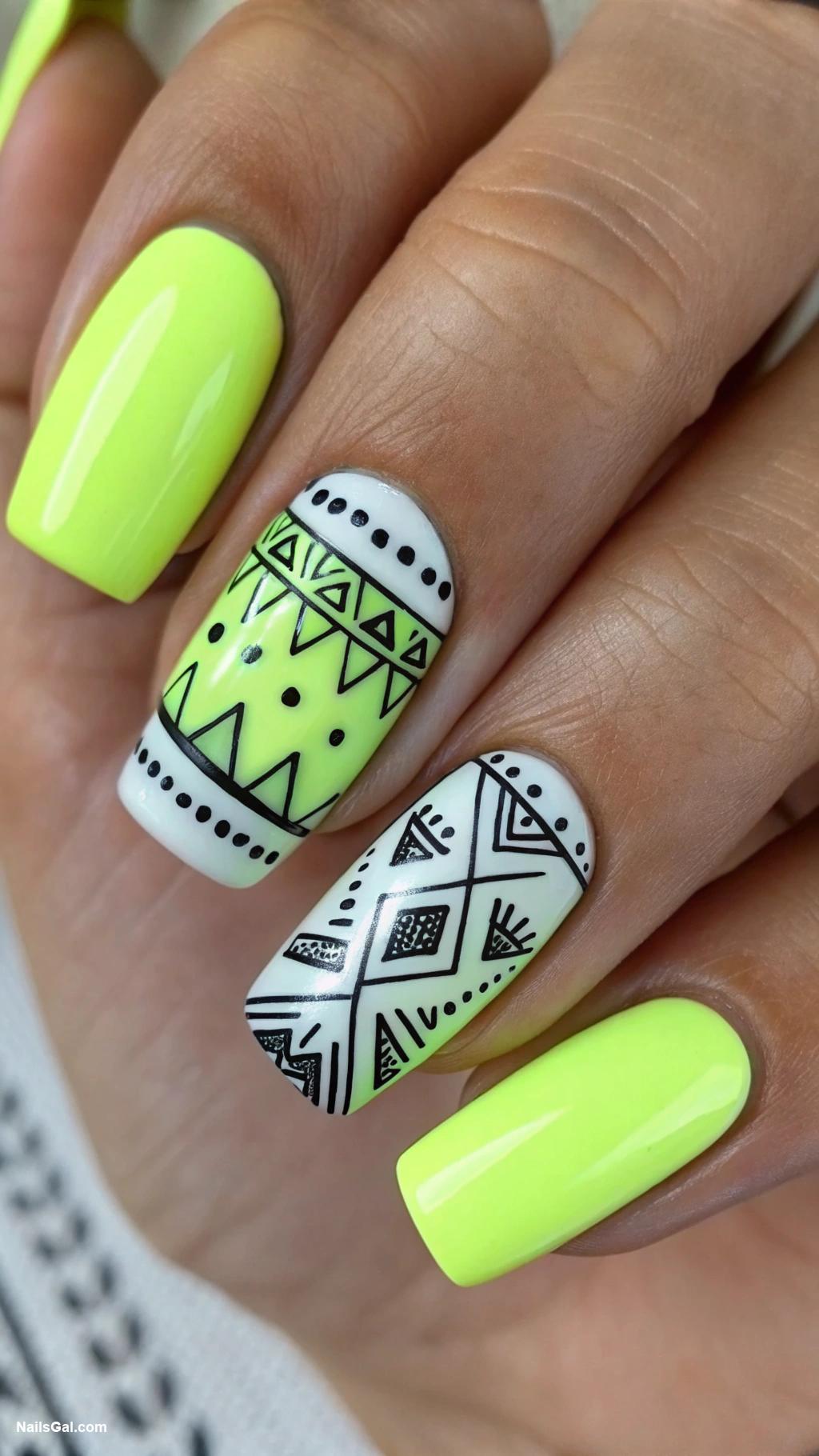 green nails Bright lime green with geometric patterns