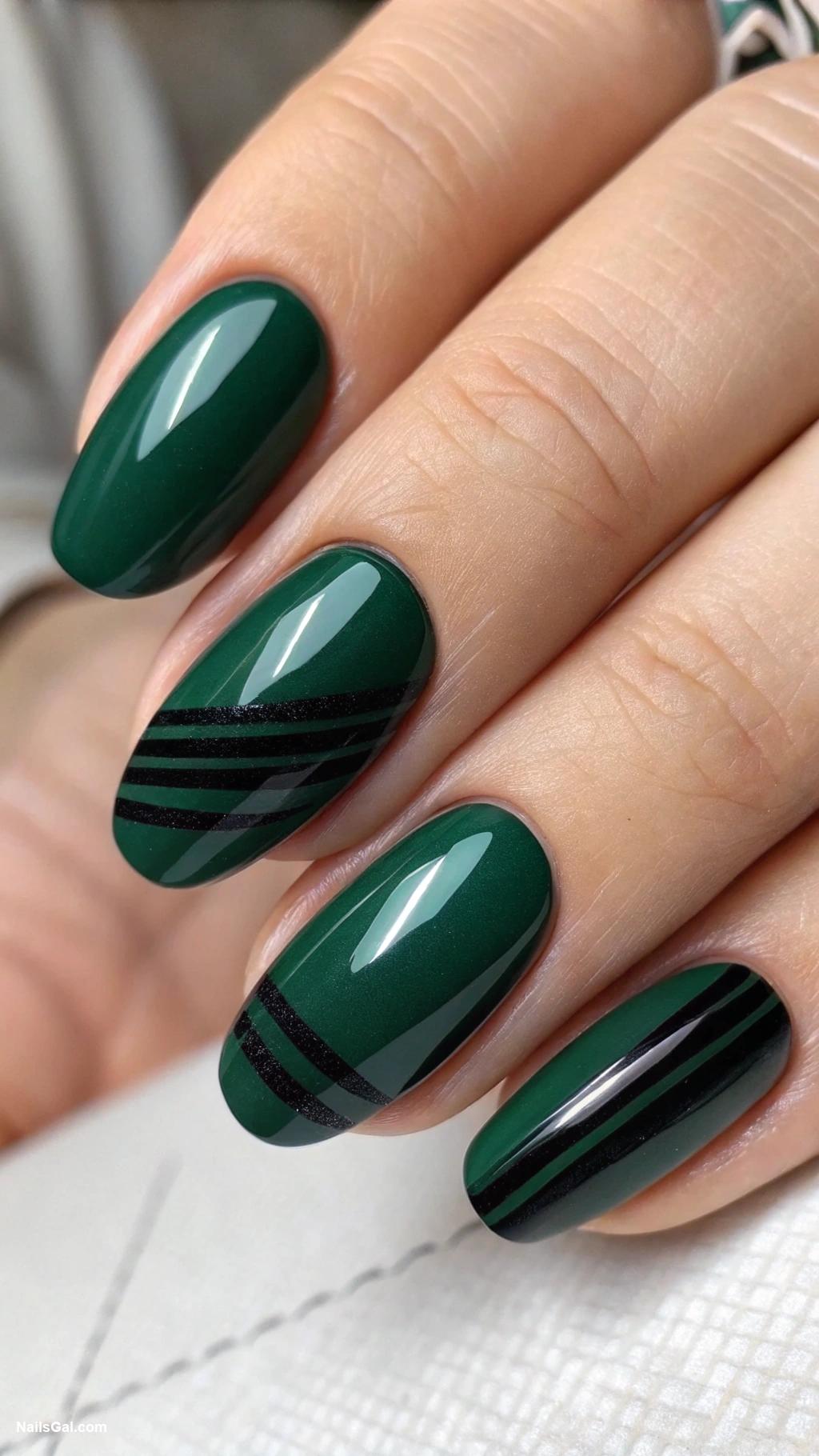 green nails Dark green with glossy black stripes