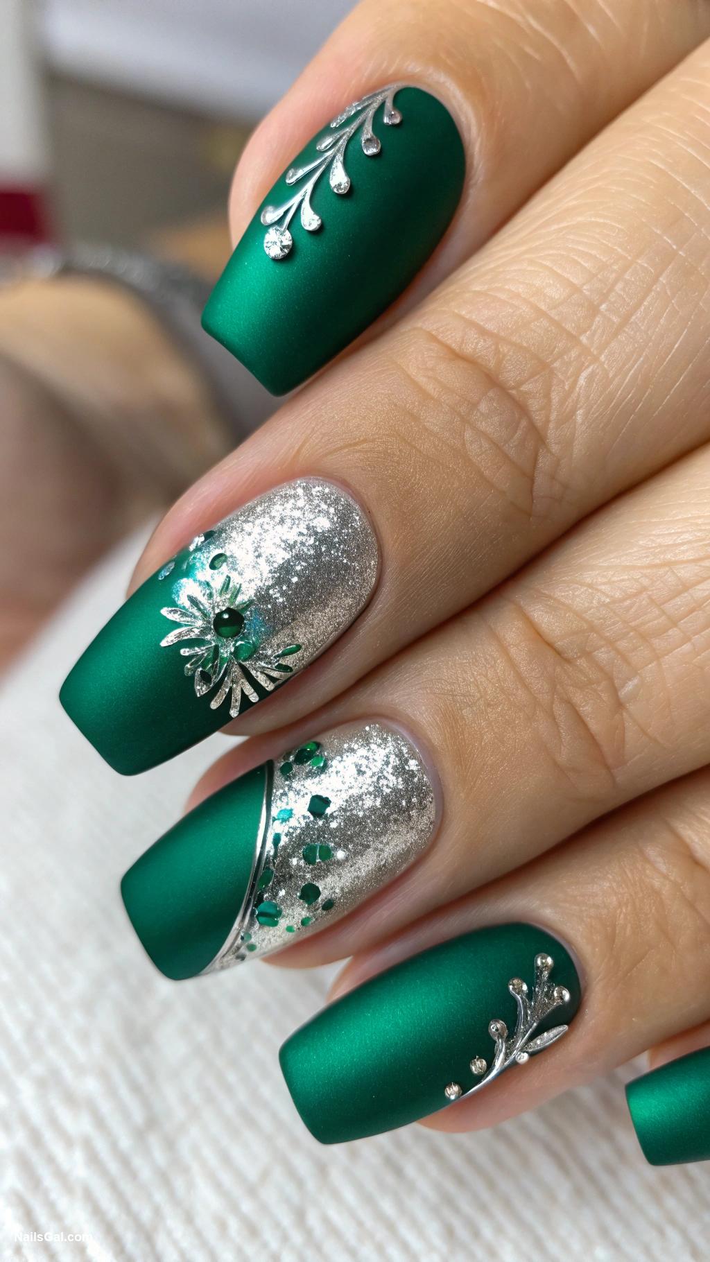 green nails Emerald green with silver foil details