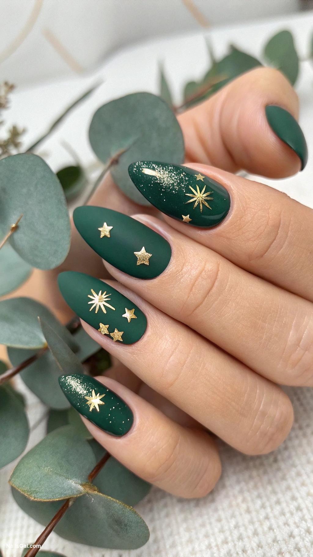 green nails Forest green with gold star accents