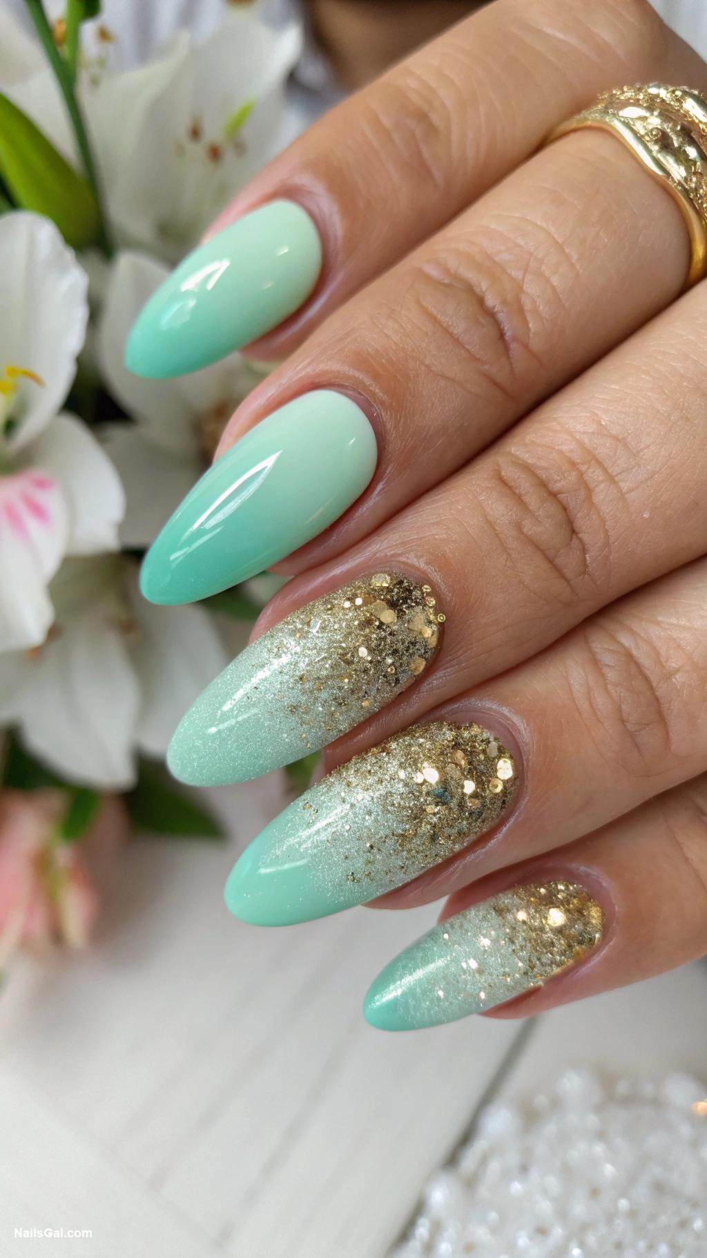green nails Mint green ombre with gold glitter tips