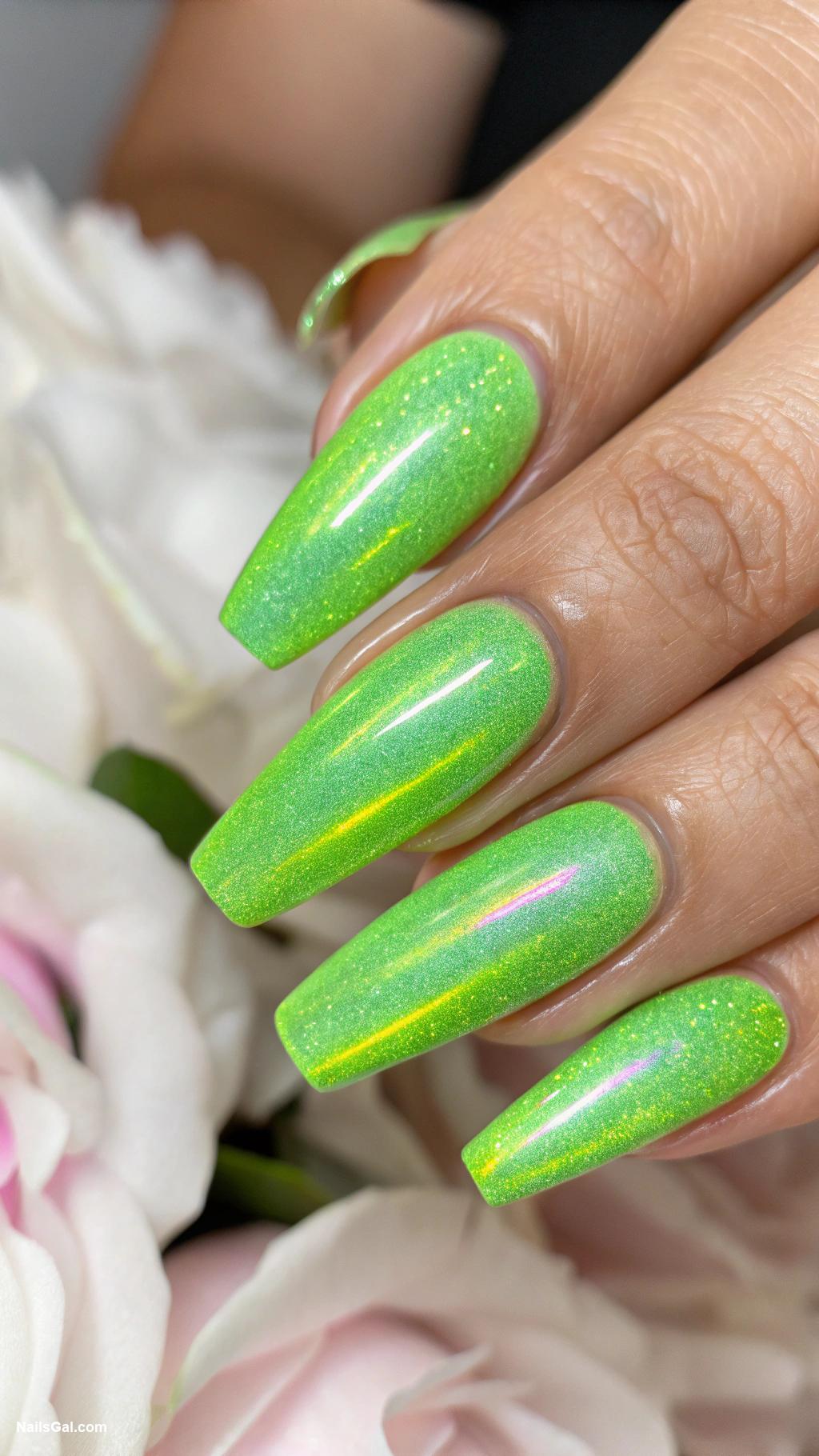 green nails Neon green with holographic shimmer