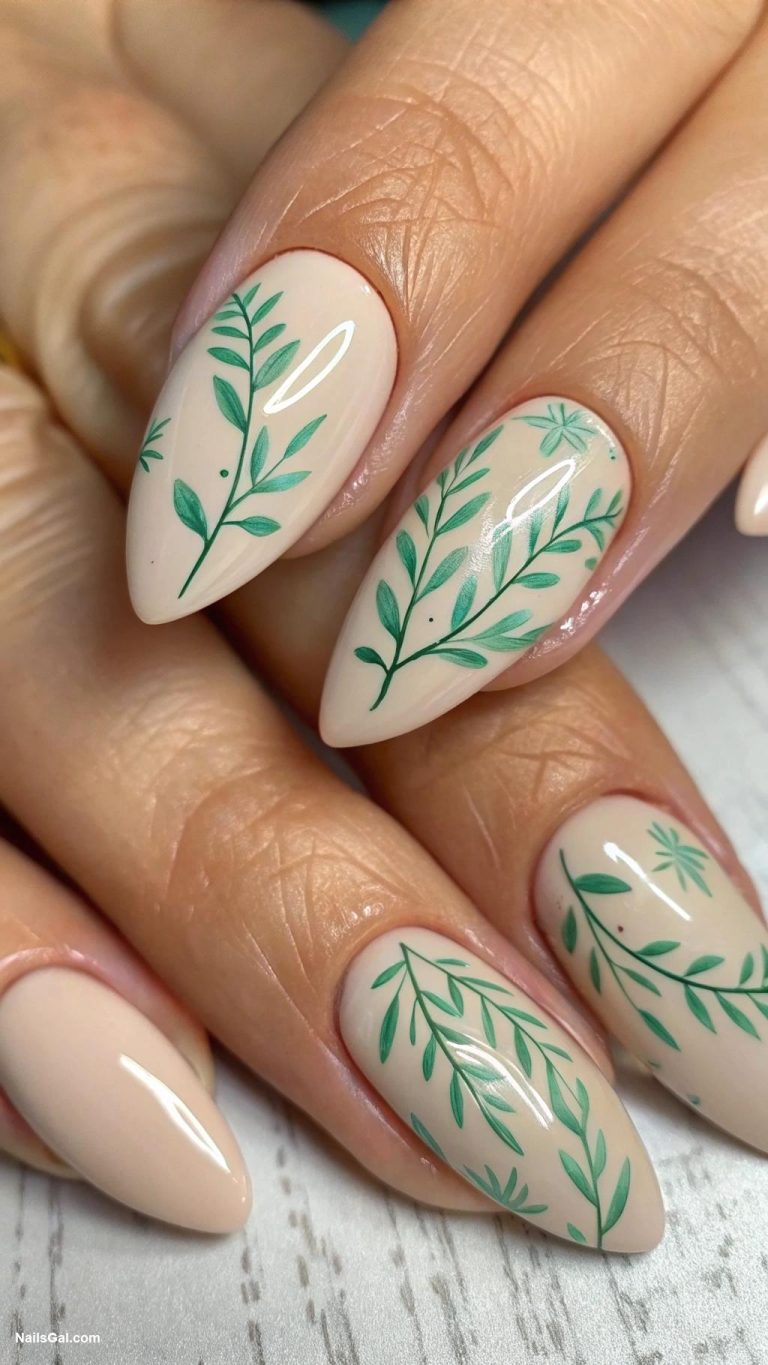 green nails Pastel green leaves on nude base