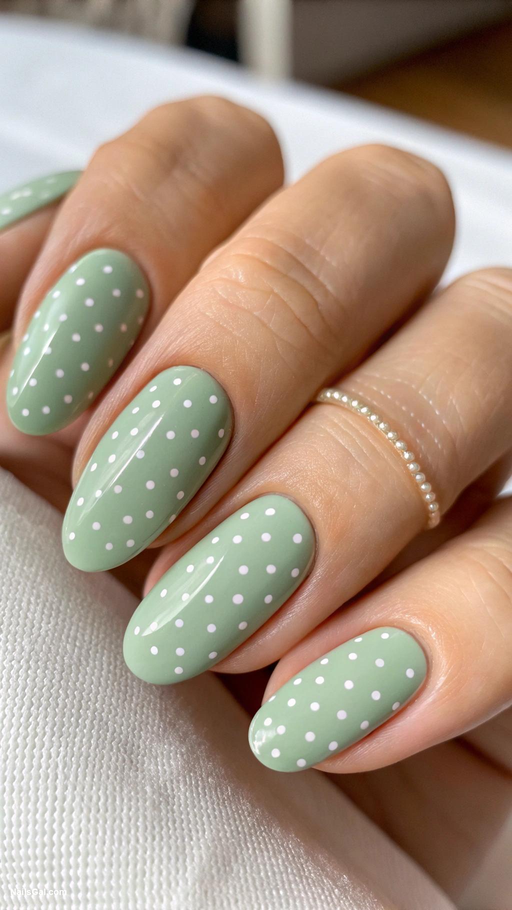 green nails Sage green with tiny white polka dots