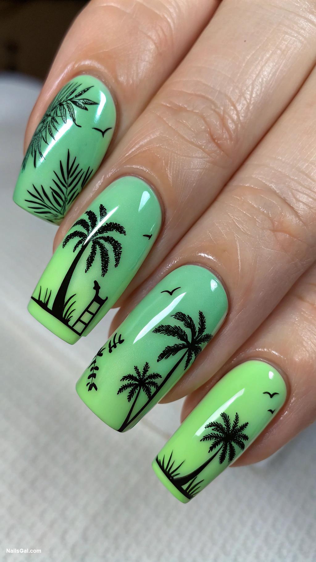 green nails Tropical green with palm tree designs
