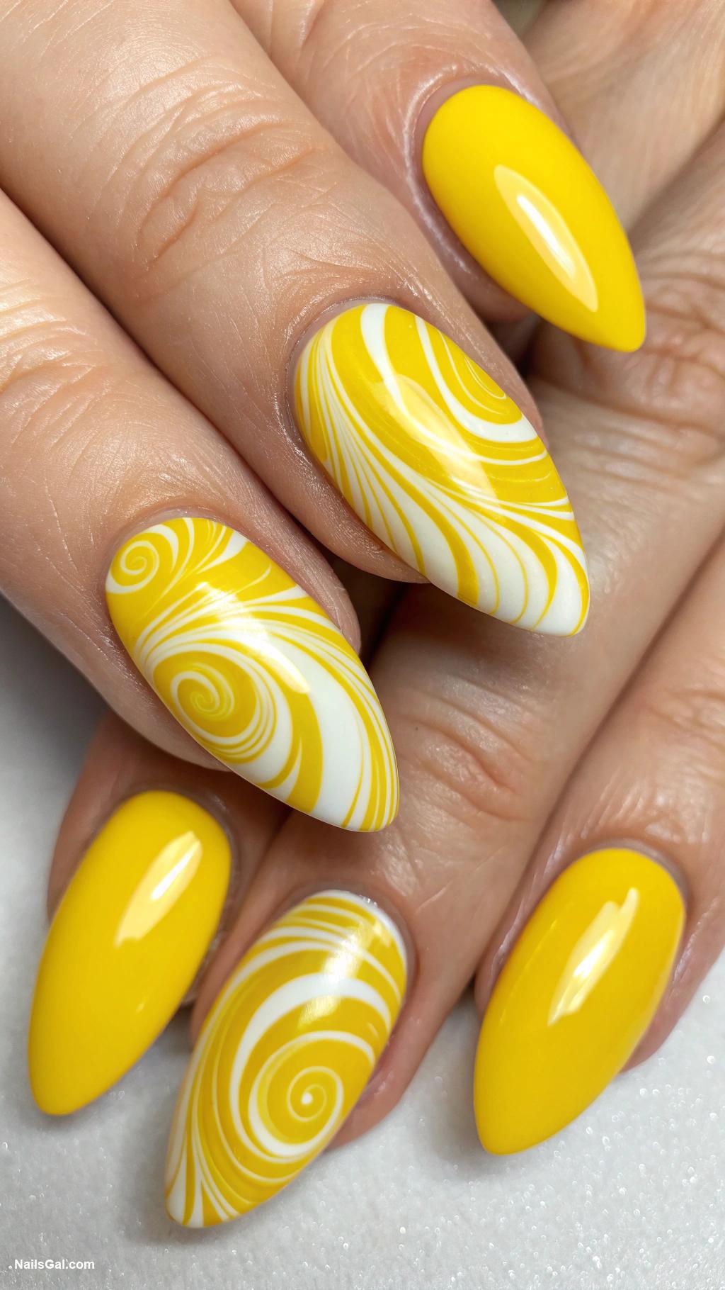 hotdog nails Bright yellow mustard swirl design