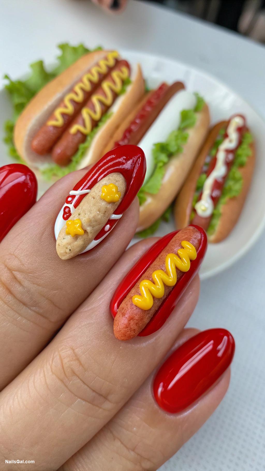 hotdog nails Mini hotdog charms on nails