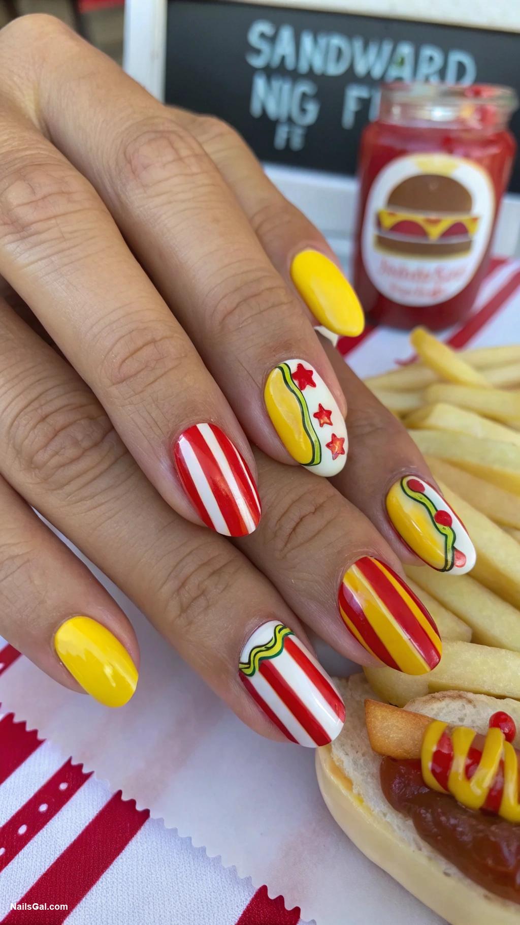 hotdog nails Playful striped hotdog vendor theme
