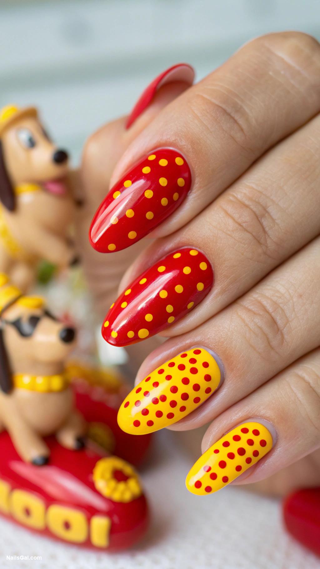 hotdog nails Red and yellow polka dots