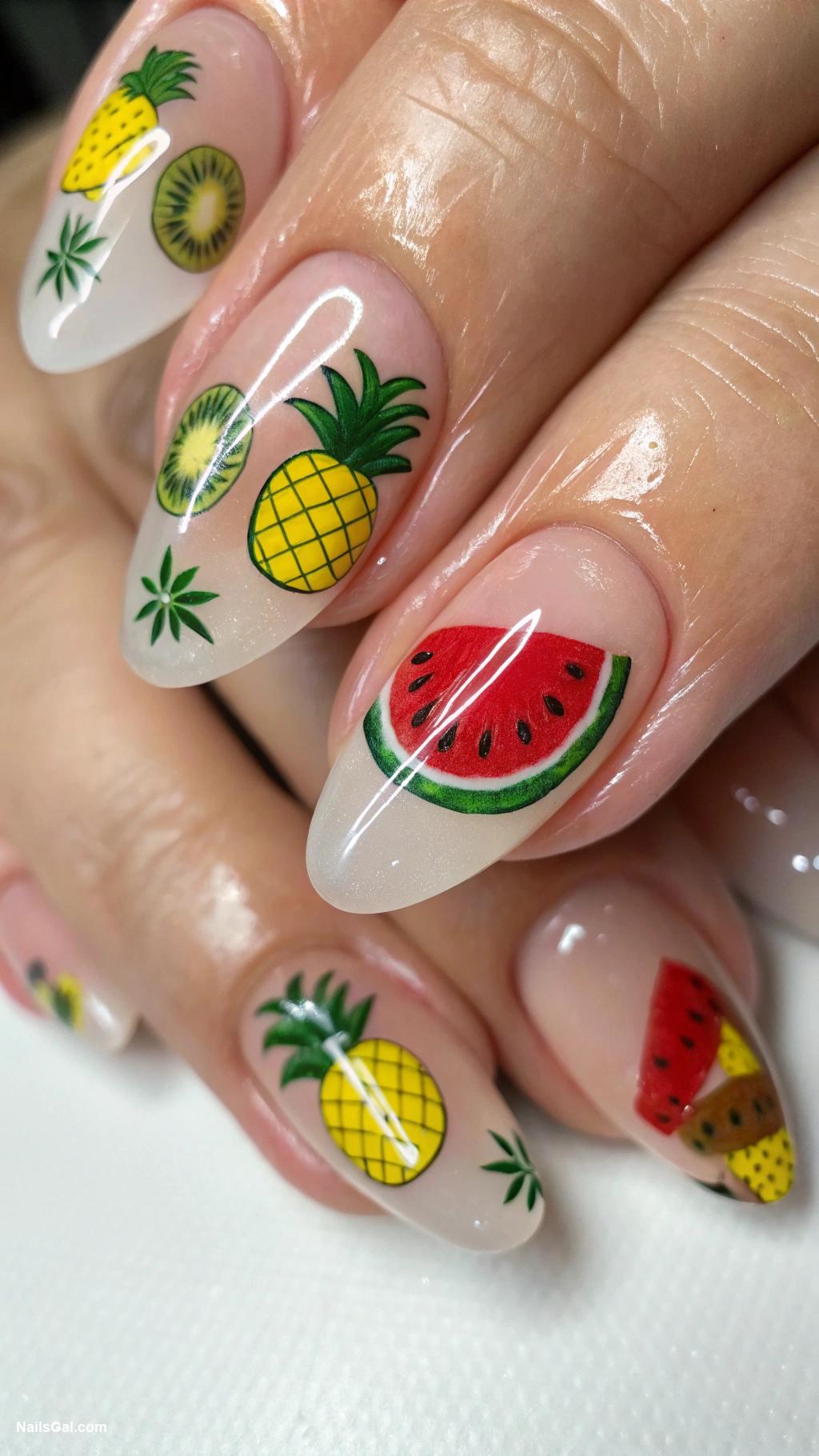 ibiza nails Clear nails with tropical fruit decals