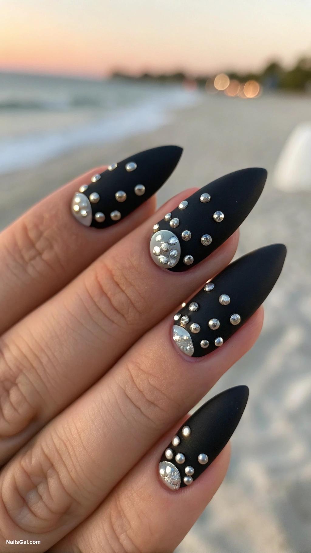 ibiza nails Matte black with silver studs