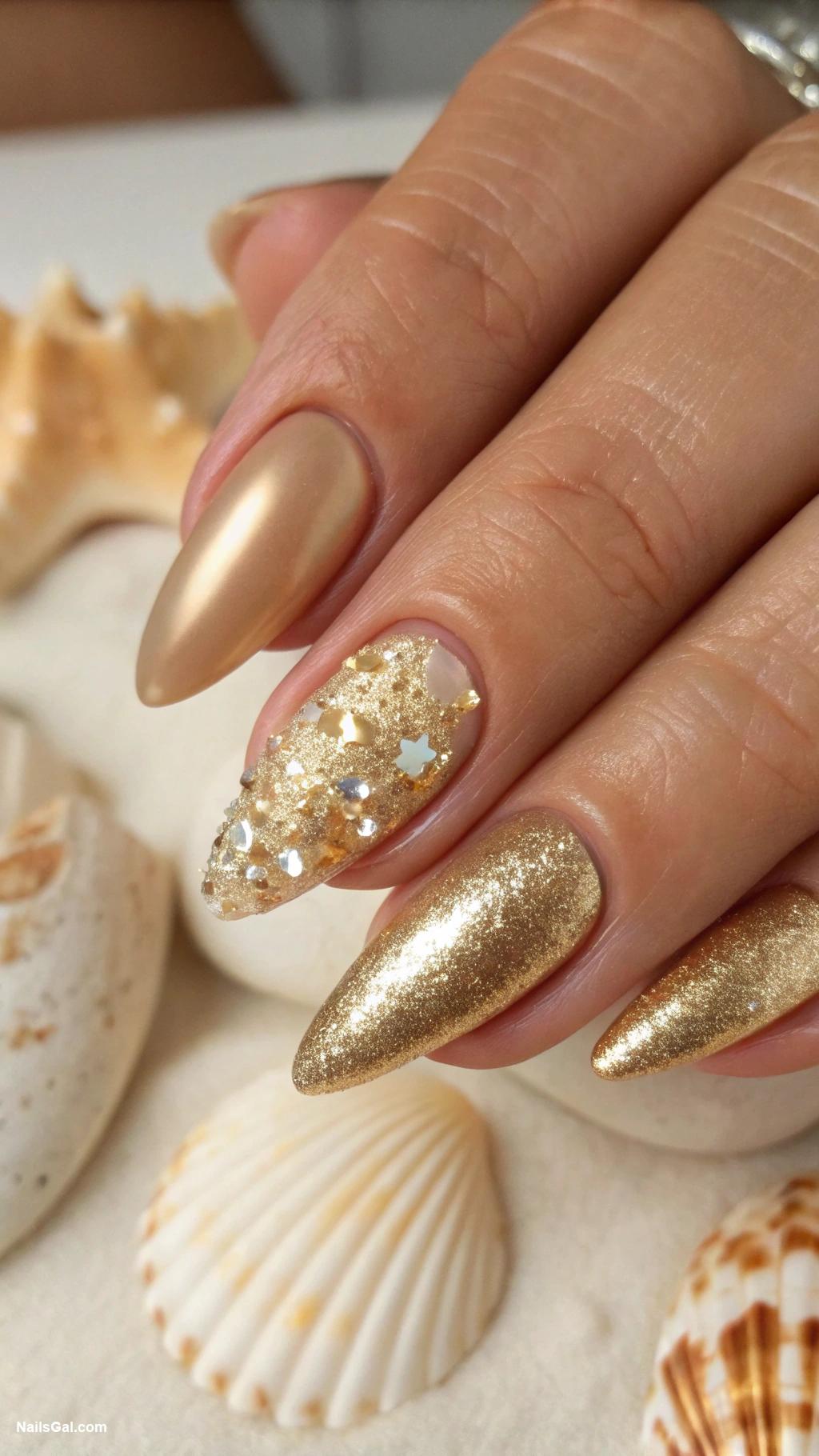 ibiza nails Metallic gold with glitter tips