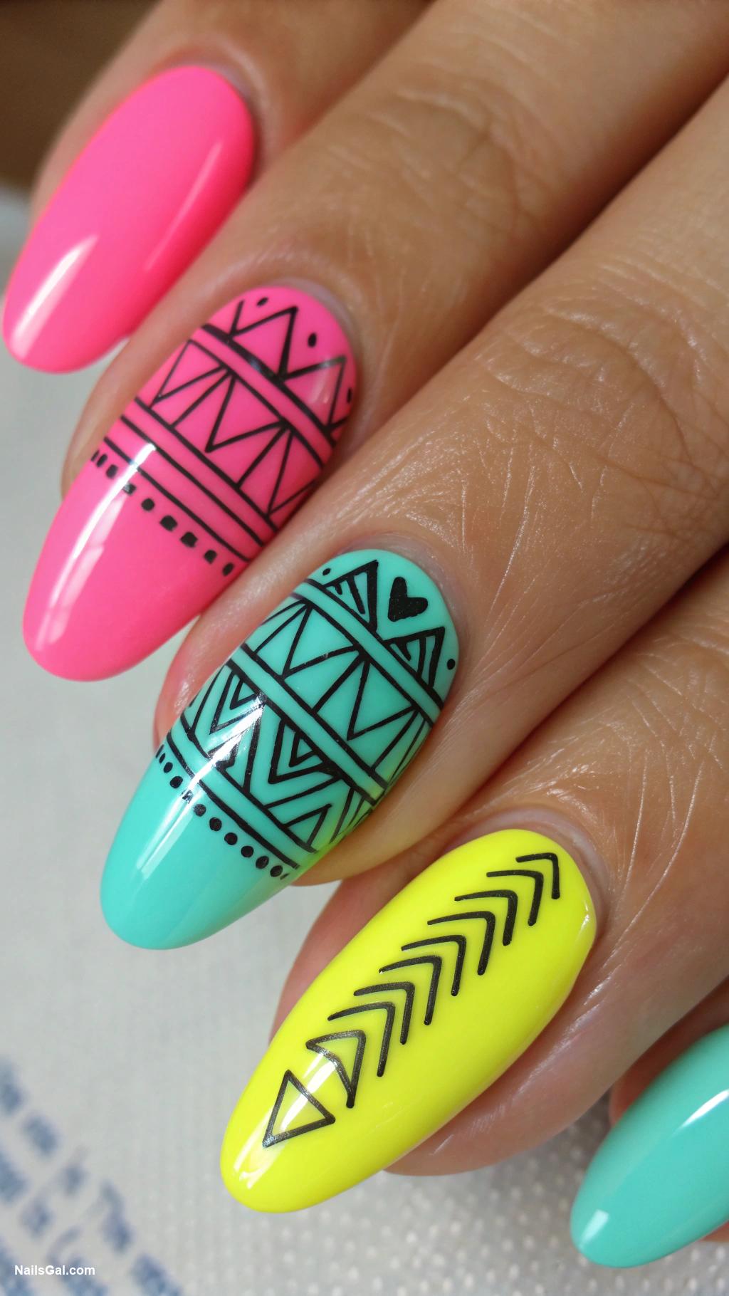 ibiza nails Neon colors with geometric patterns