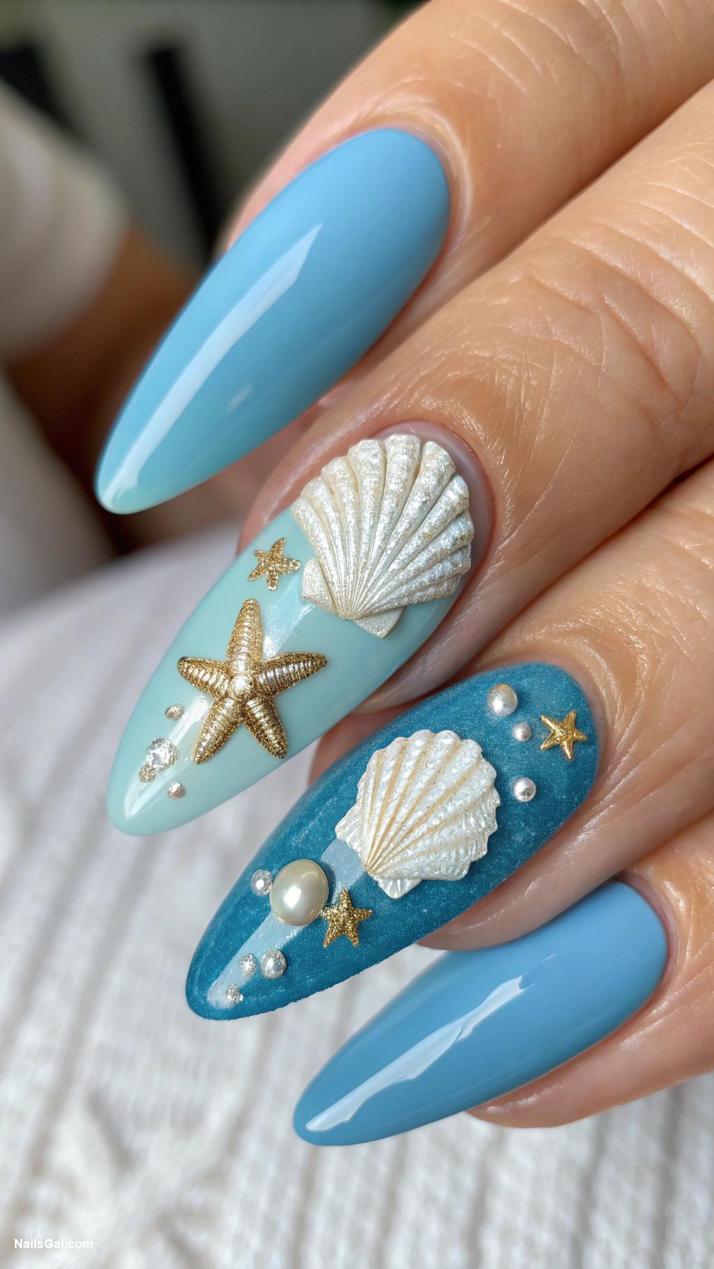 ibiza nails Ocean blue with seashell designs