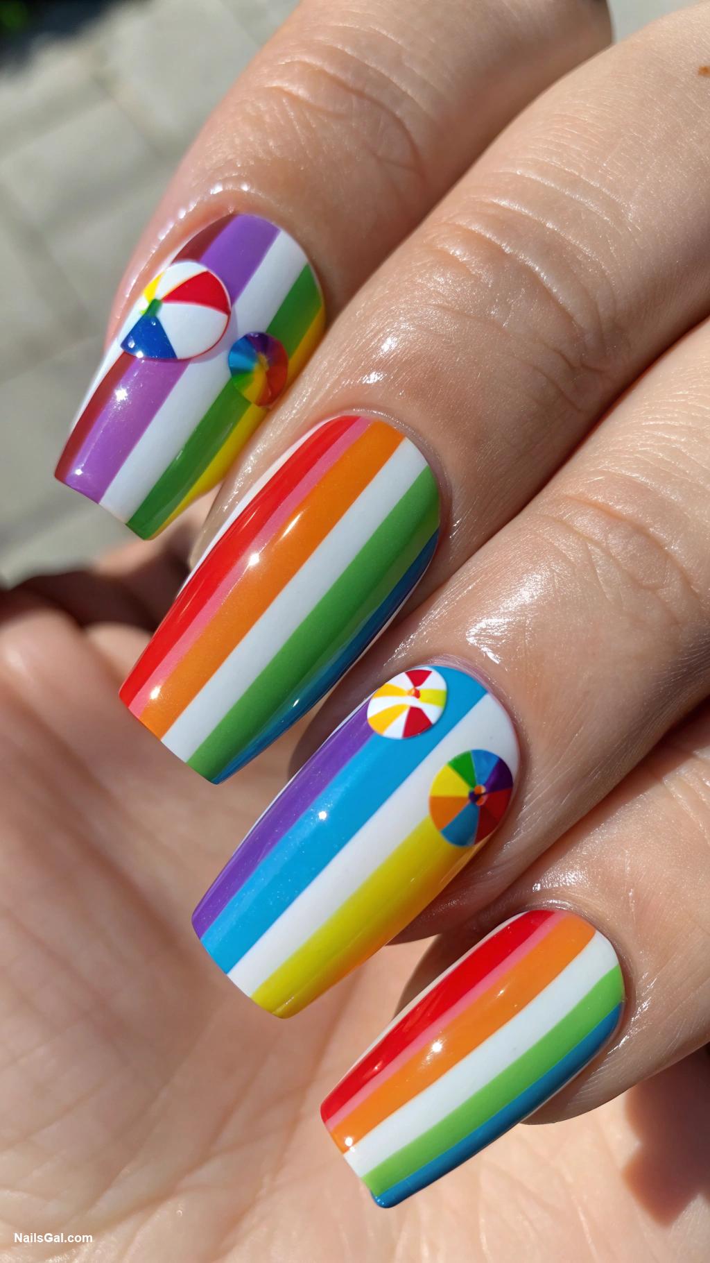 ibiza nails Rainbow stripes with beach ball motifs