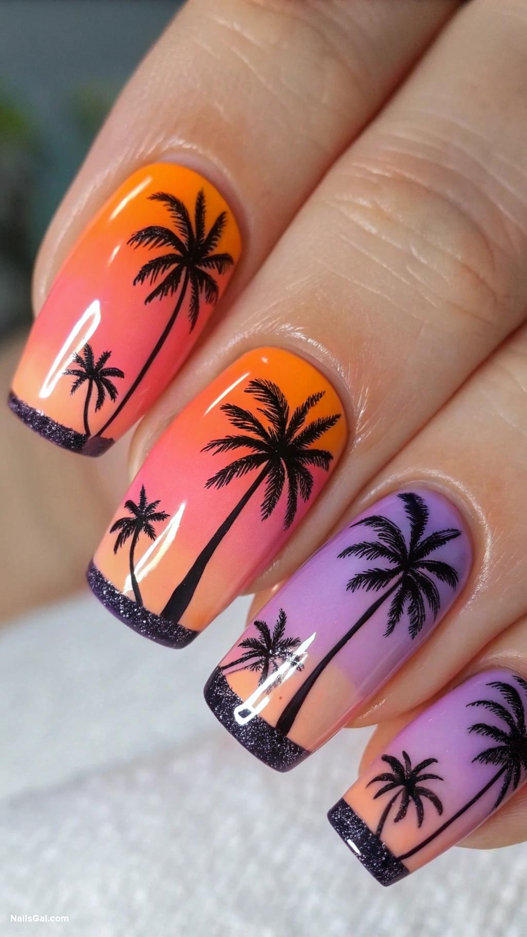 ibiza nails Sunset gradient with palm tree accents
