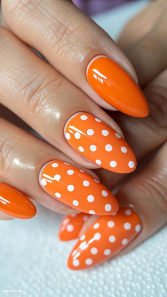 orange nails Bright orange with polka dots