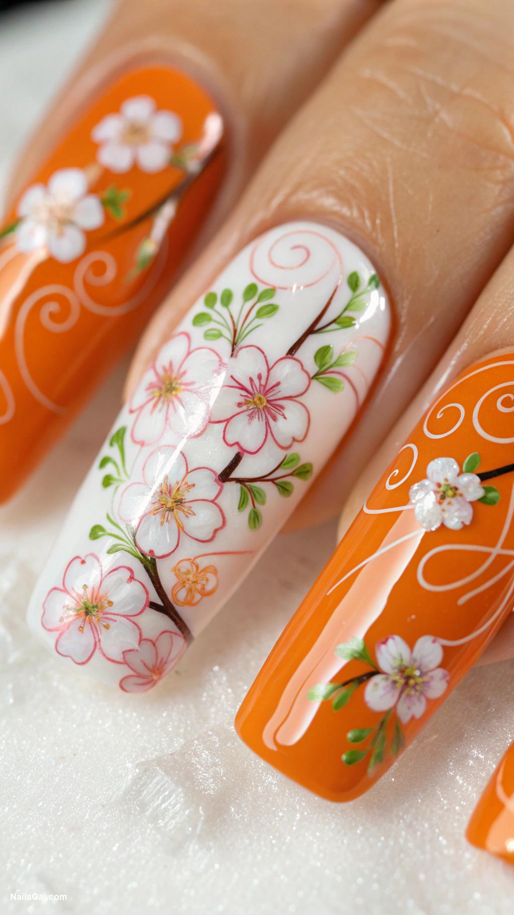 orange nails Floral designs on orange base