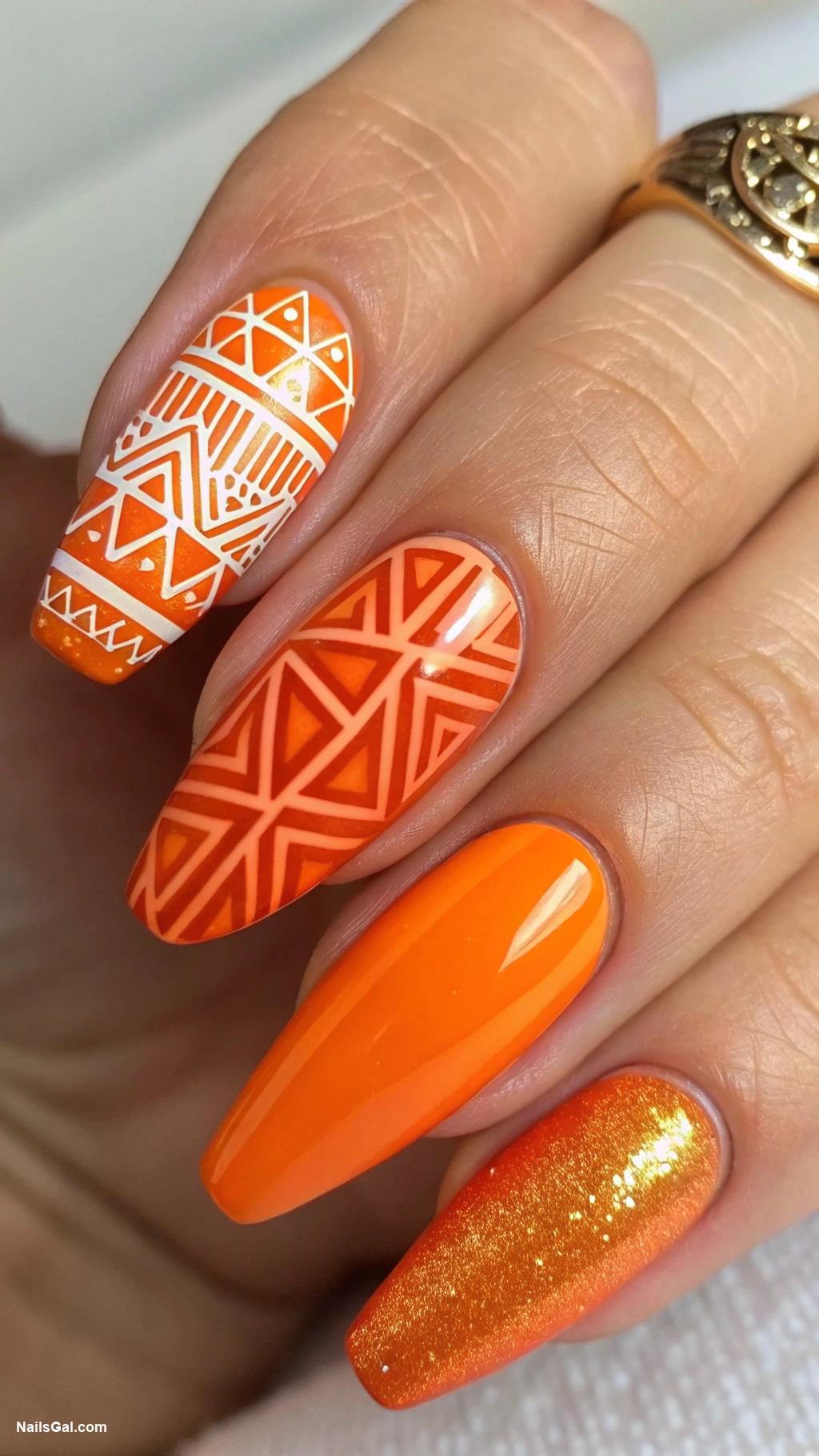 orange nails Geometric patterns in orange hues