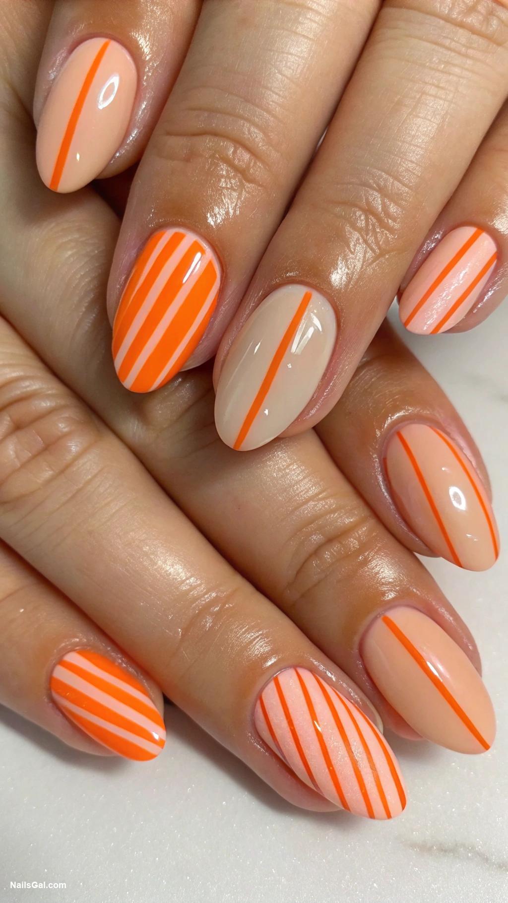 orange nails Orange stripes on nude background