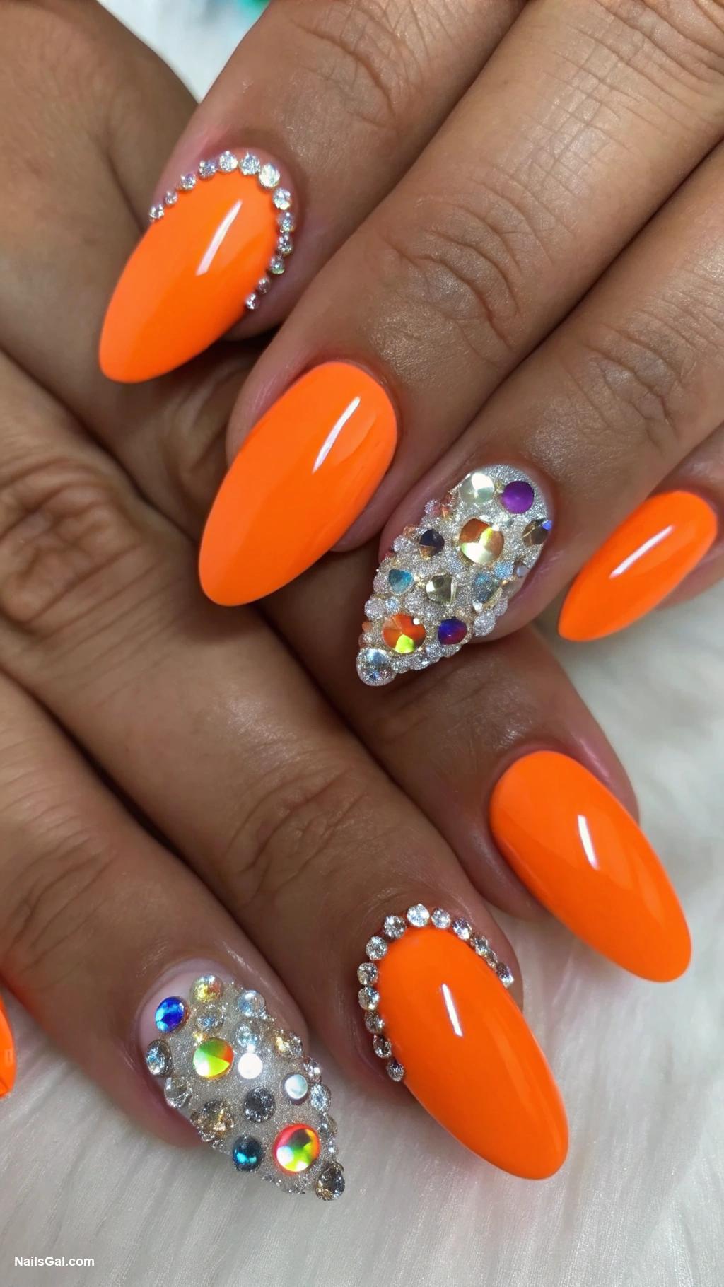 orange nails Solid bright orange with rhinestones