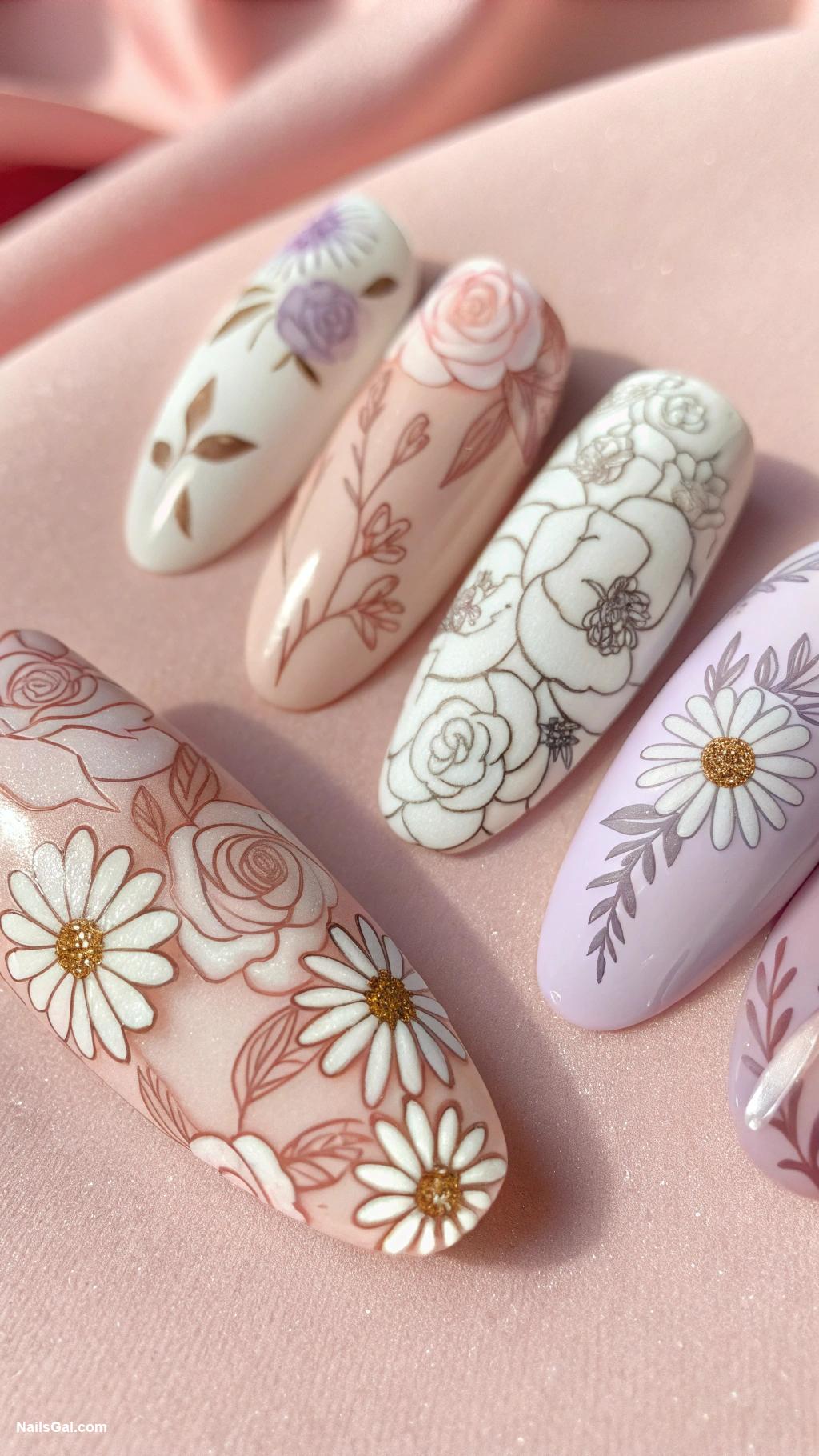 pink nails Floral designs on soft pink background