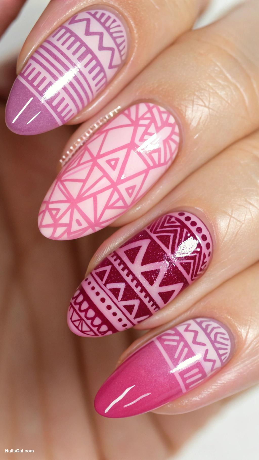 pink nails Geometric patterns in multiple pink shades