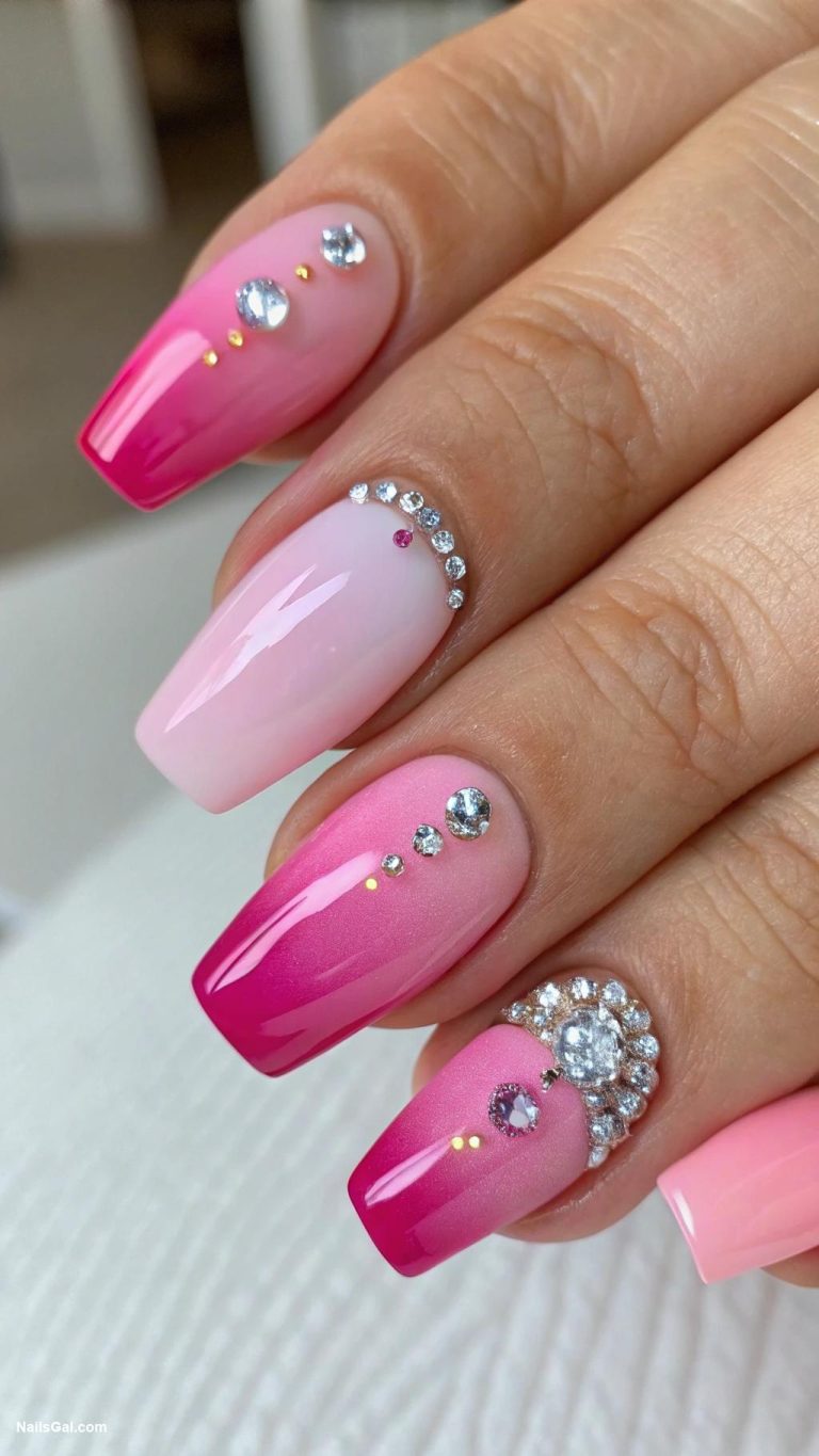 pink nails Gradient pinks with rhinestone accents