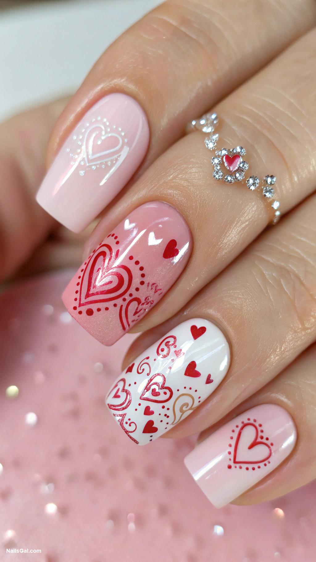 pink nails Love hearts on pastel pink