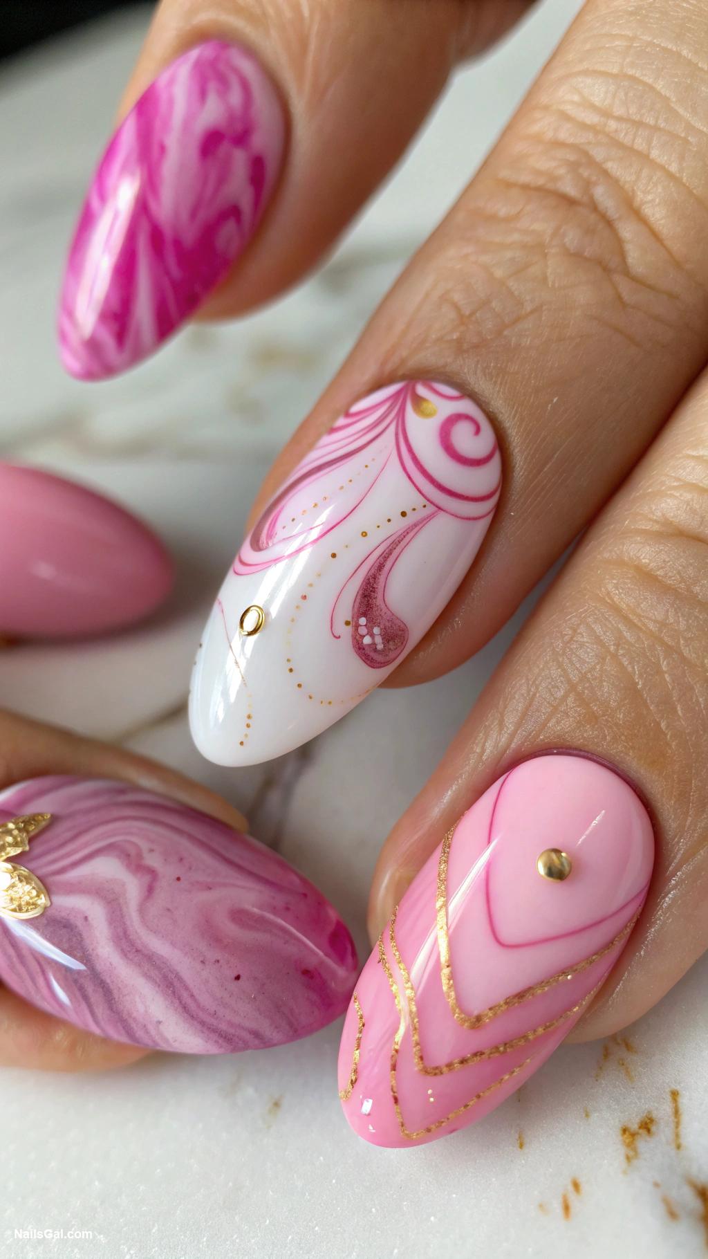 pink nails Marble effect in pink tones