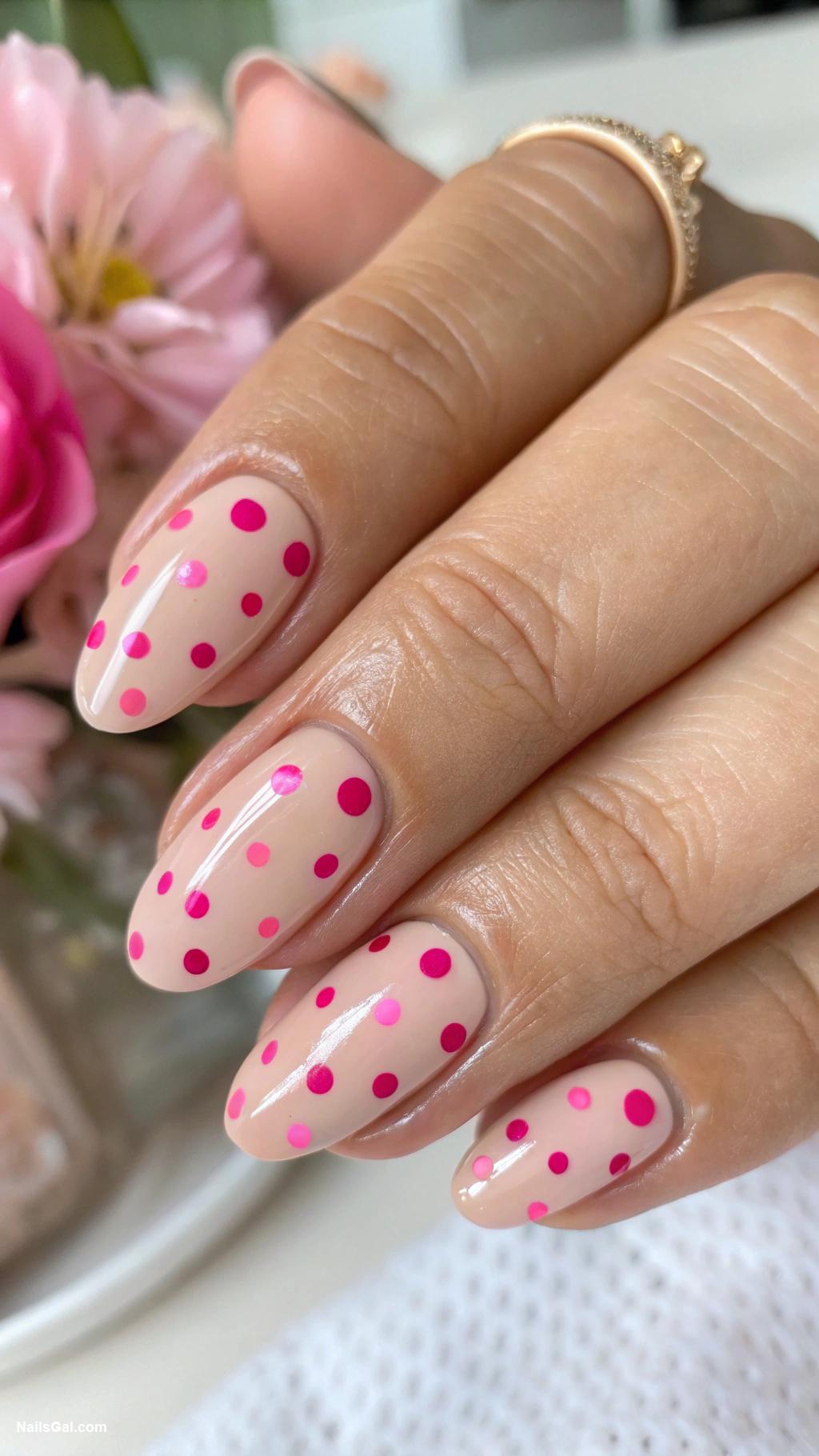 pink nails Pink polka dots on nude base
