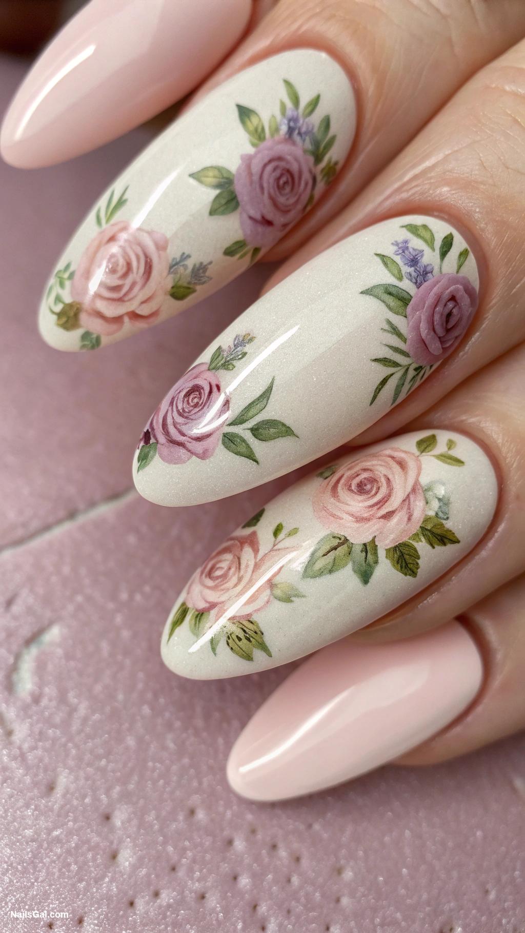pink nails Vintage roses on dusty pink
