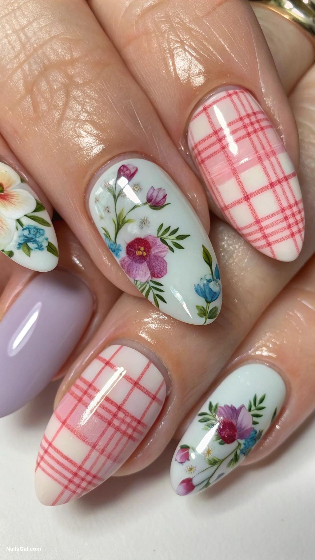 plaid nails Floral accents on plaid tips
